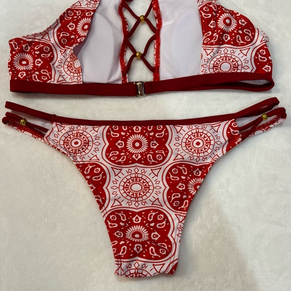 SHEIN Women’s Tribal Aztec Geometric Halter Top High Waist Bikini - red, size L - Picture 8 of 10